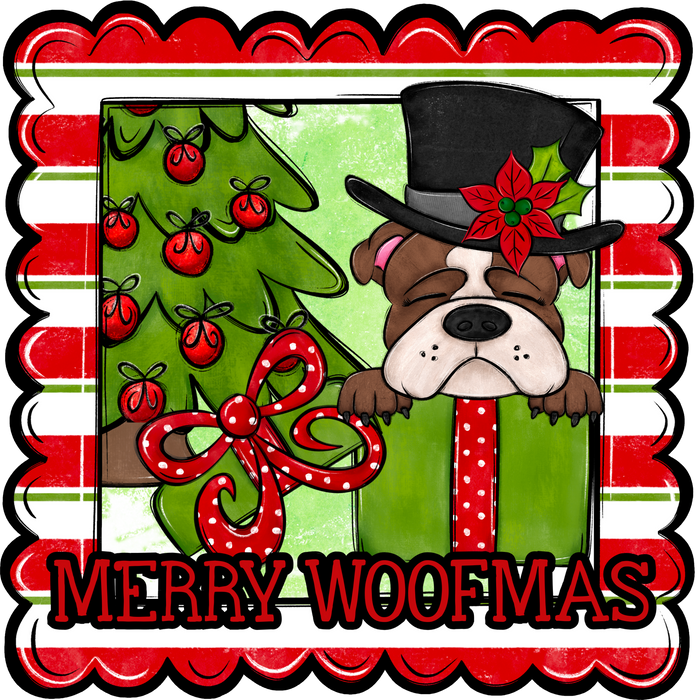 Bull Dog Wreath Sign, Merry Woofmas Dog Sign, 22" Door Hanger, DCO-W-00121-DH
