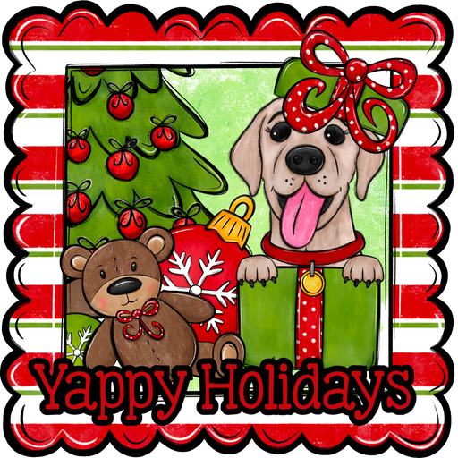 Labrador Wreath Sign, Yappy Holidays Dog Sign, 22" Door Hanger, DCO-W-00124-DH