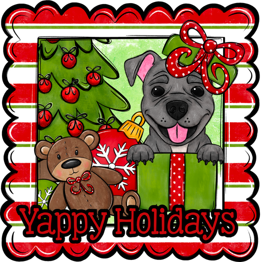 Pit Bull Wreath Sign, Yappy Holidays Dog Sign, 22" Door Hanger, DCO-W-00130-DH