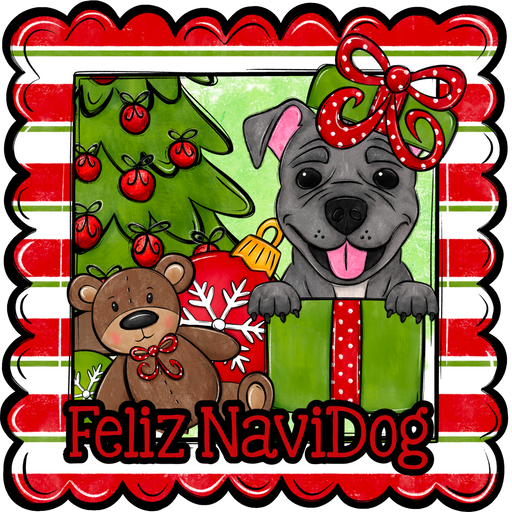 Pit Bull Wreath Sign, Feliz NaviDog Dog Sign, 22" Door Hanger, DCO-W-00131-DH