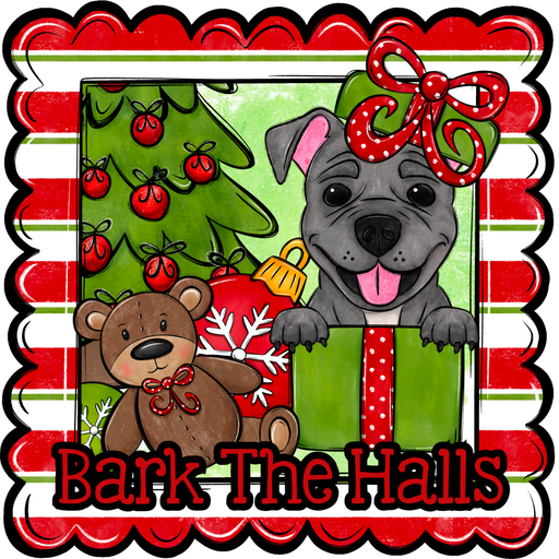 Pit Bull Wreath Sign, Bark The Halls Dog Sign, 22" Door Hanger, DCO-W-00134-DH