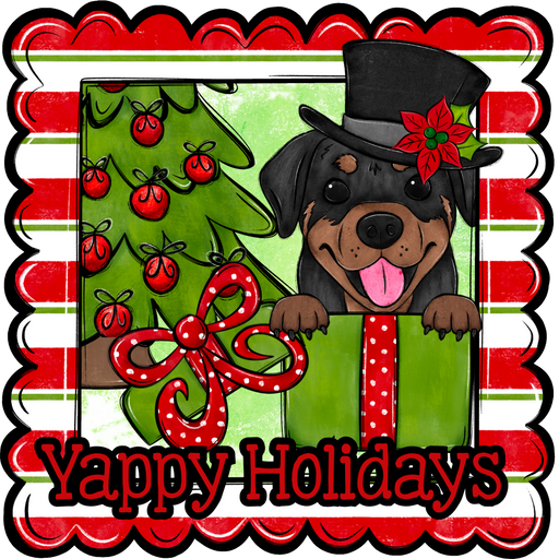 Rottweiler Wreath Sign, Yappy Holidays Dog Sign, 12" Wreath Sign, DCO-W-00136