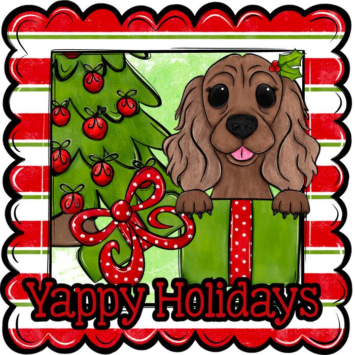 Cocker Spaniel Wreath Sign, Yappy Holidays Dog Sign, 22" Door Hanger, DCO-W-00142-DH