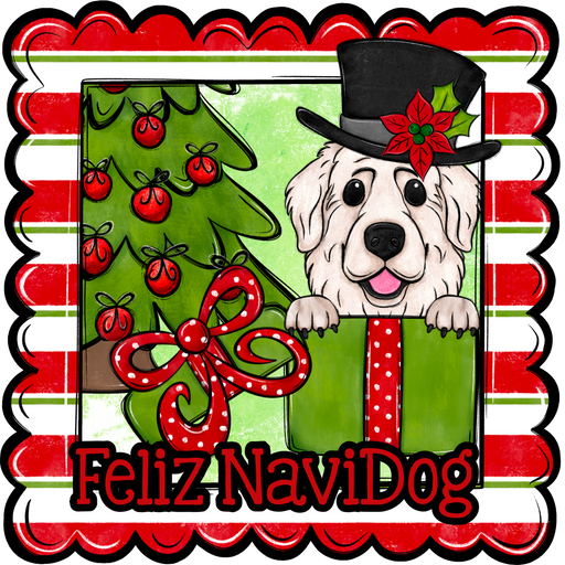 Great Pyrenees Wreath Sign, Feliz NaviDog Dog Sign, 12" Wreath Sign, DCO-W-00149