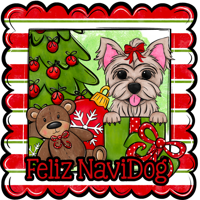 Yorkie Wreath Sign, Feliz NaviDog Dog Sign, 22" Door Hanger, DCO-W-00154-DH