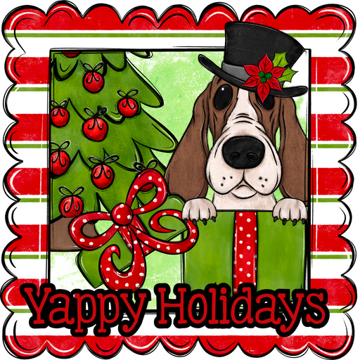 Basset Hound Wreath Sign, Yappy Holidays Dog Sign, 12in Wreath Sign, DCO-W-00167