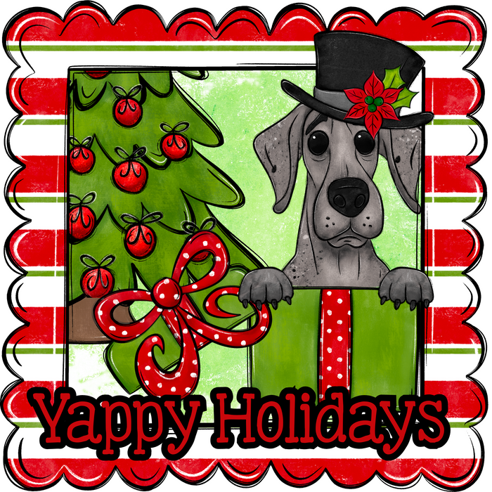Great Dane Wreath Sign, Yappy Holidays Dog Sign, 12in Wreath Sign, DCO-W-00168