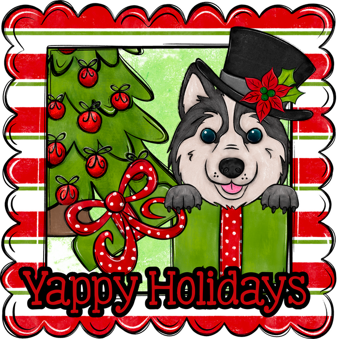 Huskey Wreath Sign, Yappy Holidays Dog Sign, 22" door hanger, DCO-W-00170-DH