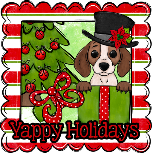 Beagle Wreath Sign, Yappy Holidays Dog Sign, 22" door hanger, DCO-W-00171-DH