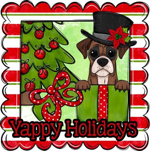 Boxer Wreath Sign, Yappy Holidays Dog Sign, 12in Wreath Sign, DCO-W-00172