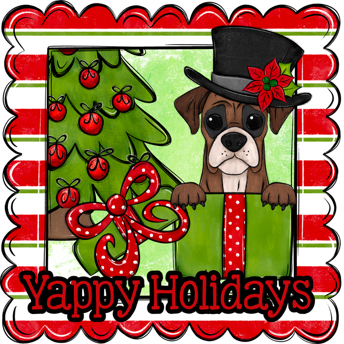 Boxer Wreath Sign, Yappy Holidays Dog Sign, 22" door hanger, DCO-W-00172-DH