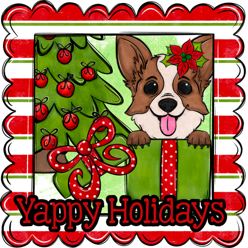 Corgi Wreath Sign, Yappy Holidays Dog Sign, 22" door hanger, DCO-W-00174-DH
