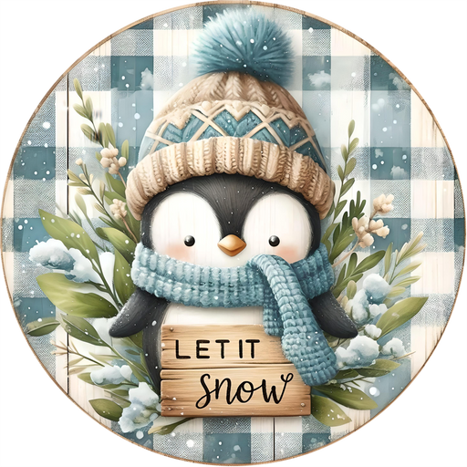 Penguin Sign, Let It Snow, DECOE-5342, Sign For Wreath, 10" Metal Sign