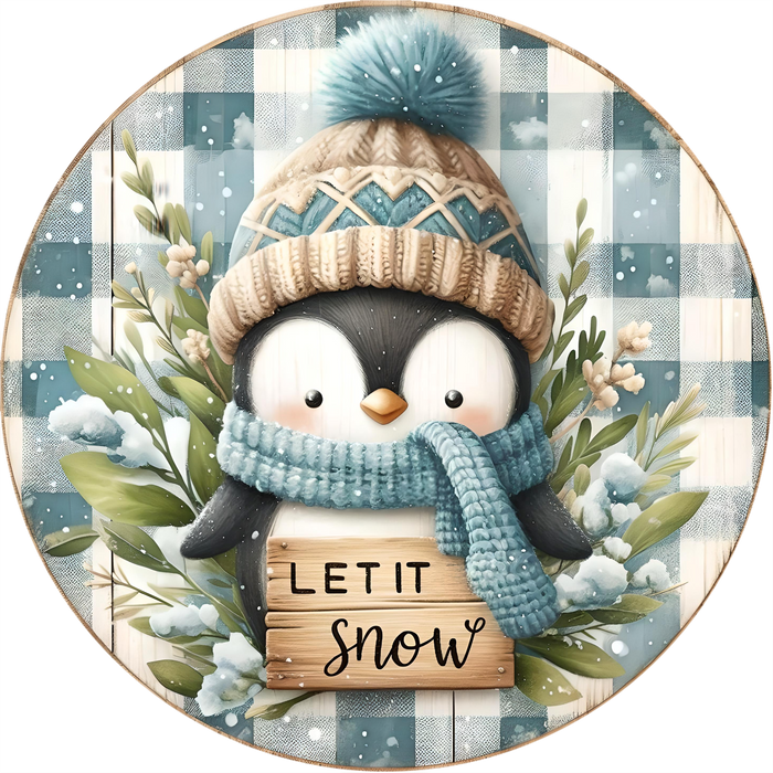 Penguin Sign, Let It Snow, DECOE-5342, Sign For Wreath, 10" Metal Sign