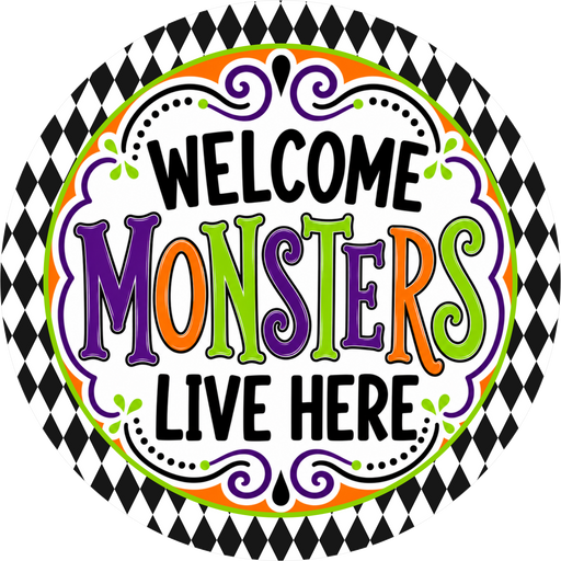 Welcome Halloween Sign, Monsters Live Here, DECOE-5523-DH, Sign For Wreath, 18" Door Hanger