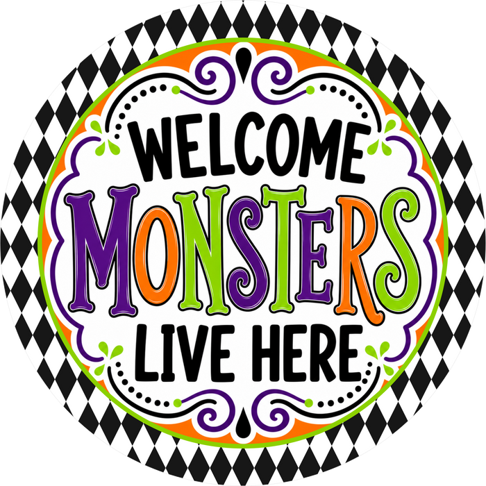 Welcome Halloween Sign, Monsters Live Here, DECOE-5523-DH, Sign For Wreath, 18" Door Hanger