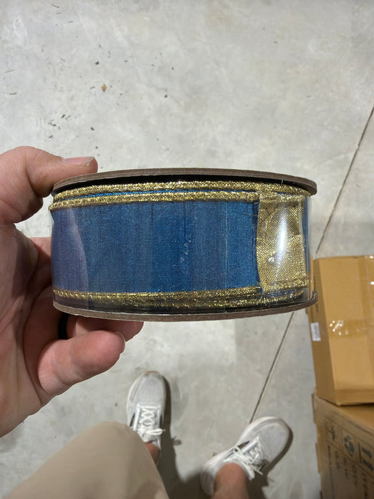 1.5” x 10yds slub dupion metallic gold back, peacock blue - DecoExchange®