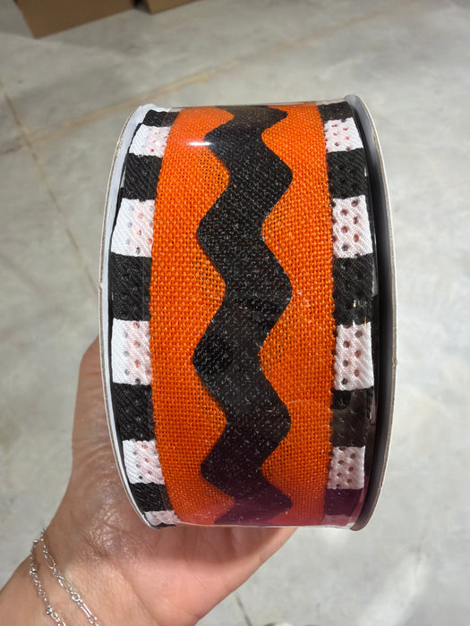 1.5"X10Yd Faux Burlap/Stripe/Ricrac Orange/Black/White RG2100P2