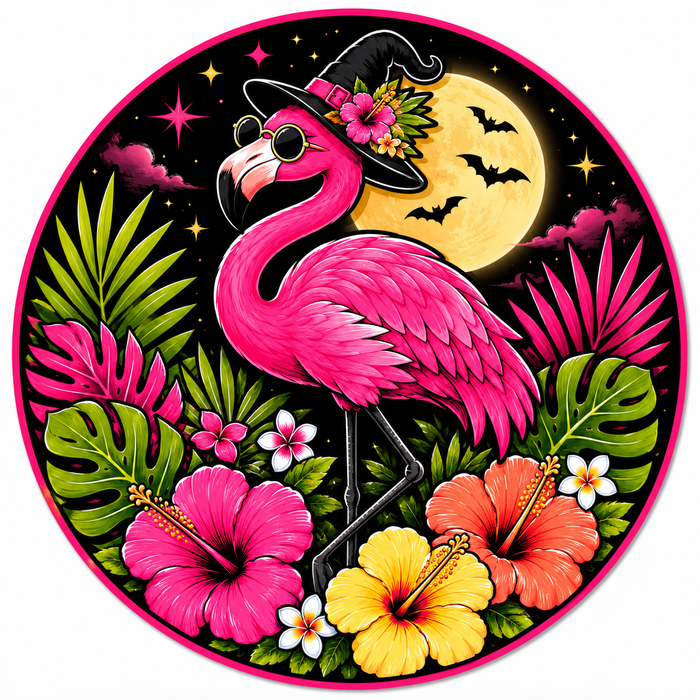 Summerween Flamingo Witch Hat Round, SCW-W-0011, 10in Sign For Wreath, Wood Wreath Sign