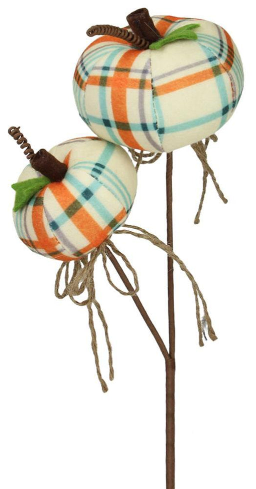 11.5"L Plaid Fabric Pumpkin Pick Orange/Blue/Cream HA0440 - DecoExchange®