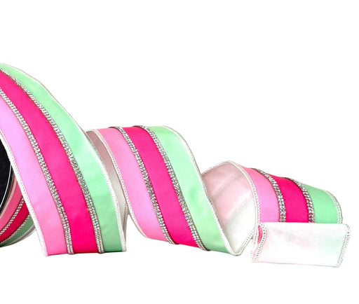 Ba Bam Collection Pink and Mint Platinum Bling Stripe Wired Ribbon 2.5 inch x 5 yards