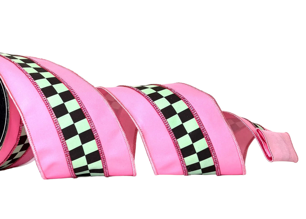 Ba Bam Collection Pink and Mint Checkered Wired Ribbon with Pink Bling Accents 4 inch x 5 yards
