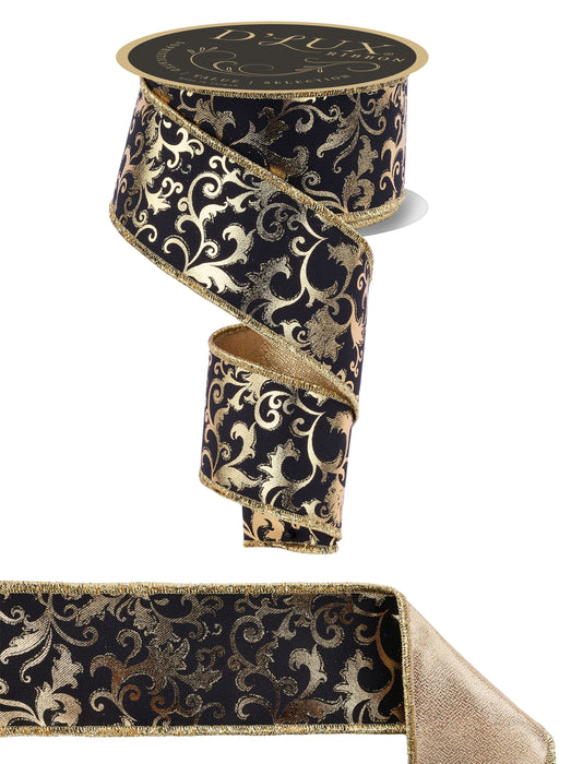 2.5" X 10YD Metallic Foil Swirl Leaf/Fused Black/Gold LX313486
