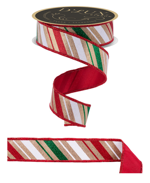 1.5"X10Yd Multi Diagonal Stripe/Fused Gold/White/Red/Emerald LX316908
