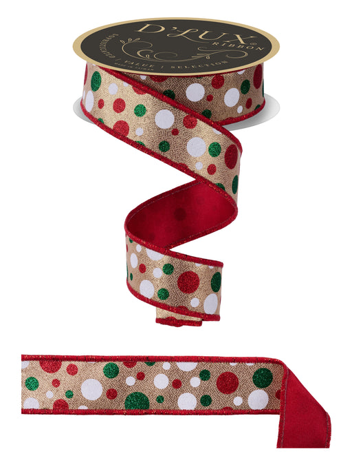 1.5"X10Yd Multi Polka Dot/Fused Gold/White/Red/Emerald LX318408 - DecoExchange®