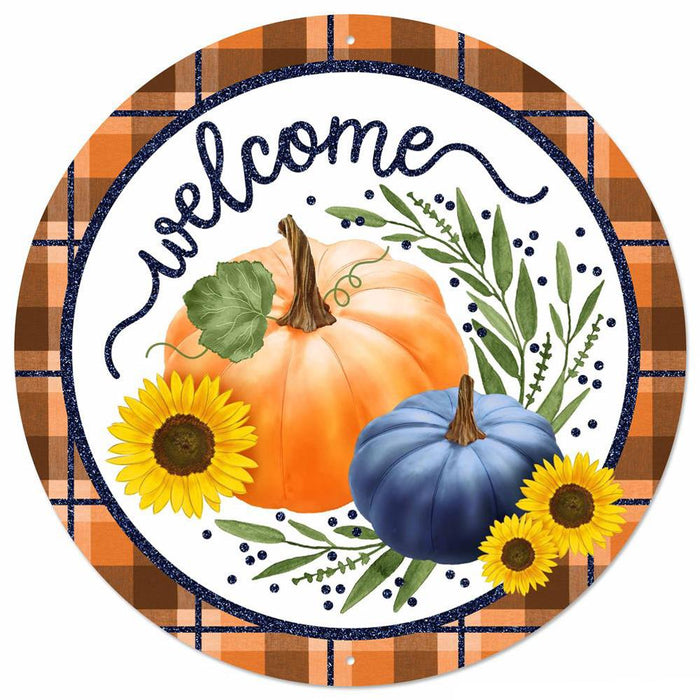 12"Dia Metal/Glitter Welcome W/Pumpkins Navy/Orange/Yellow/Moss MD096719