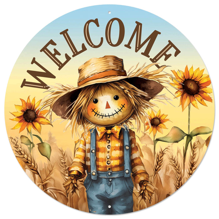 12"Dia Metal Welcome W/Scarecrow Sign Brown/Yellow/Blue MD1580 - DecoExchange®