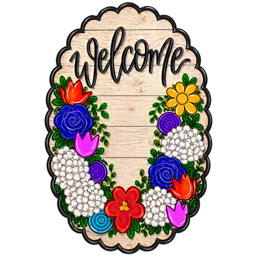 Oval Floral Welcome Sign, MF-W-0005-DH,  22" Door Hanger