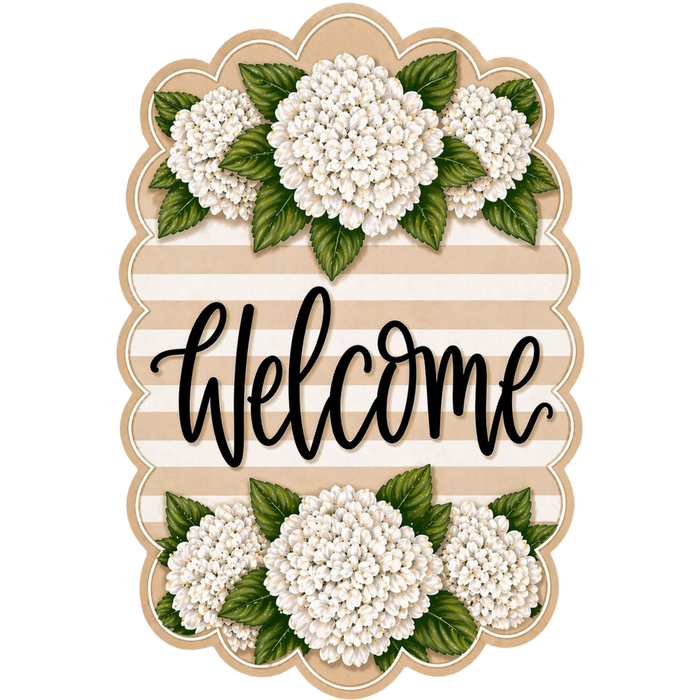 Cream Hydrangea Welcome Sign, MF-W-0007-DH, Sign For Wreath, 22" Door Hanger