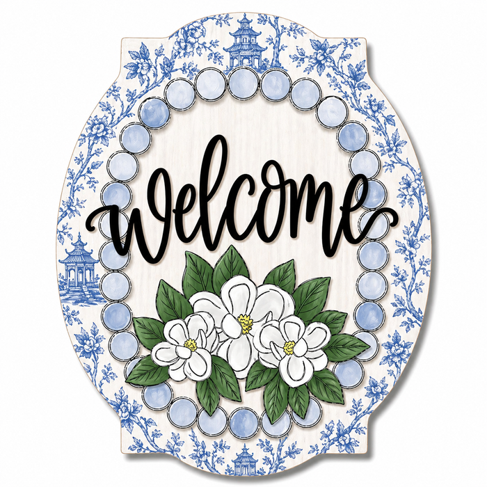 Magnolia Blue Welcome Sign, MF-W-0011-DH, 22in Door Hanger, Wood Door Hanger