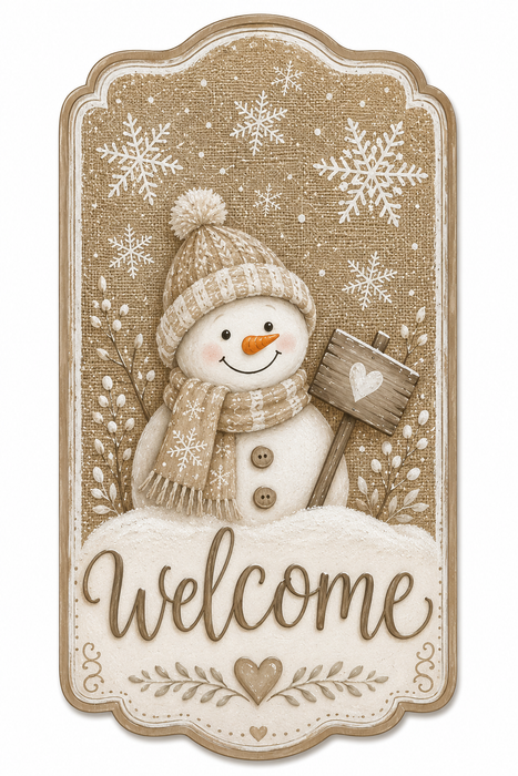 Snowman Welcome Tag with Heart Post, MF-W-0032, 12in Sign For Wreath, Wood Wreath Sign