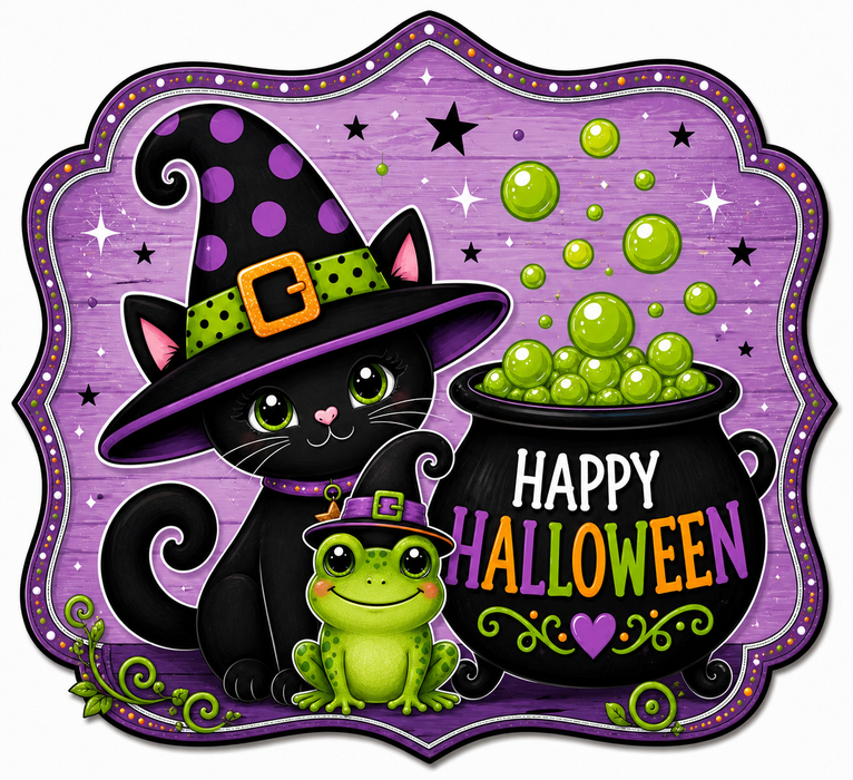 Happy Halloween Frog and Cat sign, MF-W-0045, 12in Sign For Wreath, Wood Wreath Sign