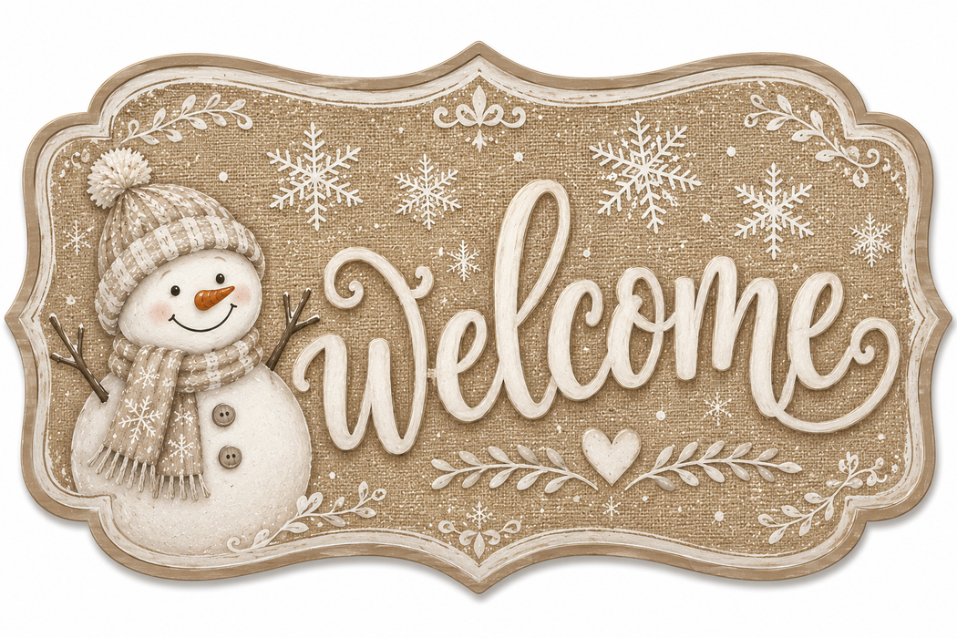 Snowman Welcome Burlap Sign, MF-W-0063, 12in Sign For Wreath, Wood Wreath Sign