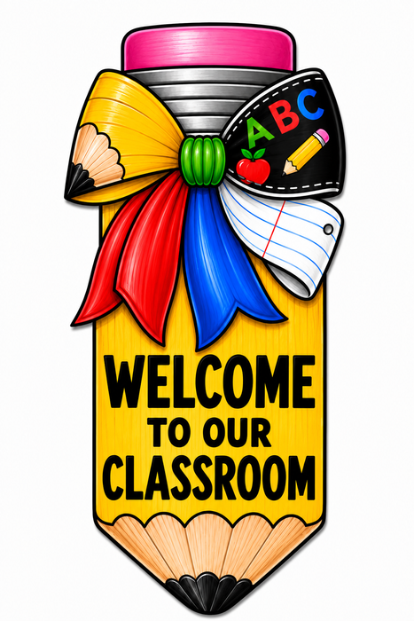 Welcome to Our Classroom Pencil with Bow, MF-W-0064, 12in Sign For Wreath, Wood Wreath Sign