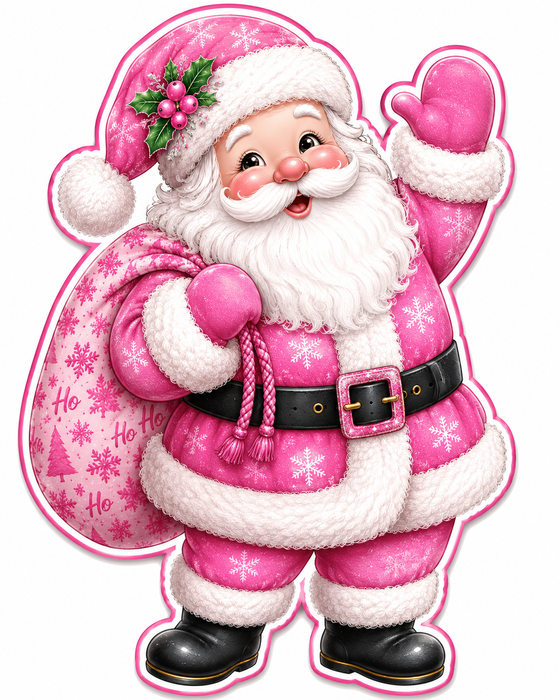 Pink Santa with Gift Bag, MF-W-0065, 12in Sign For Wreath, Wood Wreath Sign