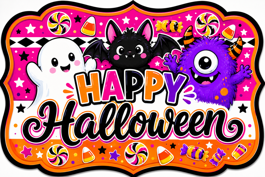 Happy Halloween Ghost Bat and Monster, MF-W-0066, 12in Sign For Wreath, Wood Wreath Sign