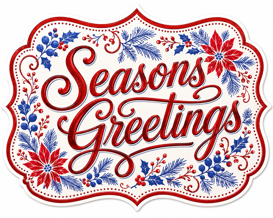 Seasons Greetings Blue Poinsettia, MF-W-0068, 12in Sign For Wreath, Wood Wreath Sign