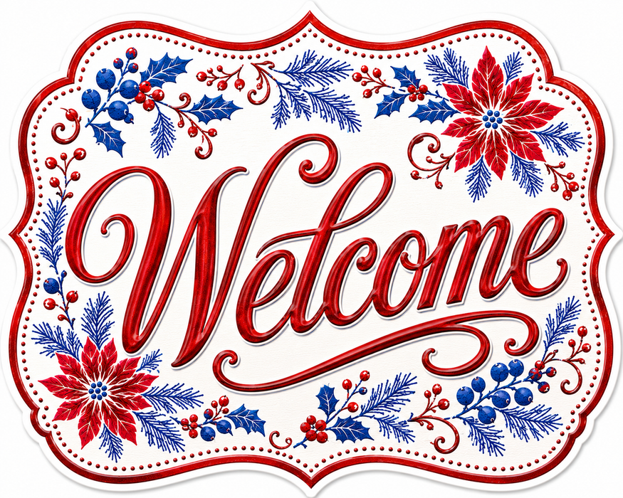 Welcome Blue Poinsettia, MF-W-0069, 12in Sign For Wreath, Wood Wreath Sign