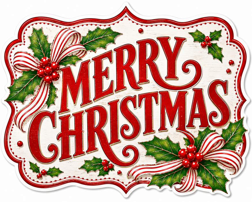Merry Christmas Holly and Candy Cane Bow, MF-W-0071, 12in Sign For Wreath, Wood Wreath Sign
