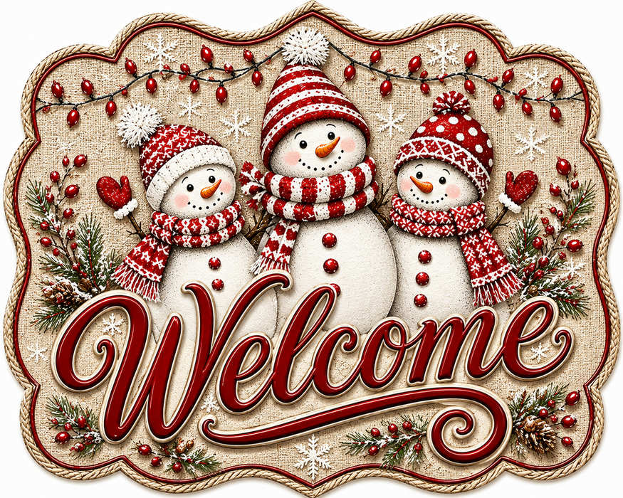 Three Snowmen Welcome Burlap, MF-W-0073, 12in Sign For Wreath, Wood Wreath Sign