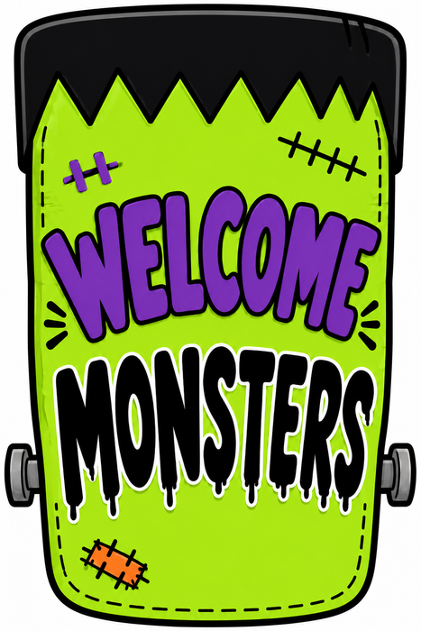 Welcome Monsters Frankenstein Sign, MF-W-0074, 12in Sign For Wreath, Wood Wreath Sign