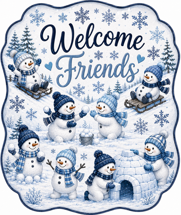 Welcome Friends Blue Snowmen Sign, MF-W-0079, 12in Sign For Wreath, Wood Wreath Sign