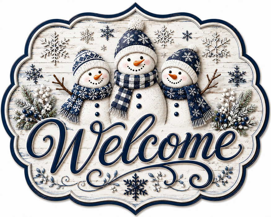 Welcome Three Snowmen Navy, MF-W-0104, 12in Sign For Wreath, Wood Wreath Sign
