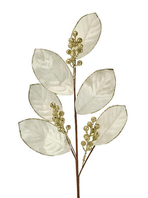 27 inch Velvet Sequin Magnolia Leaf Spray Cream