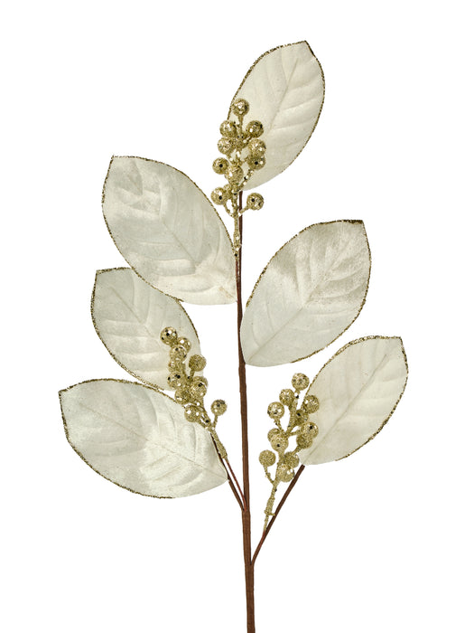 27 inch Velvet Sequin Magnolia Leaf Spray Cream