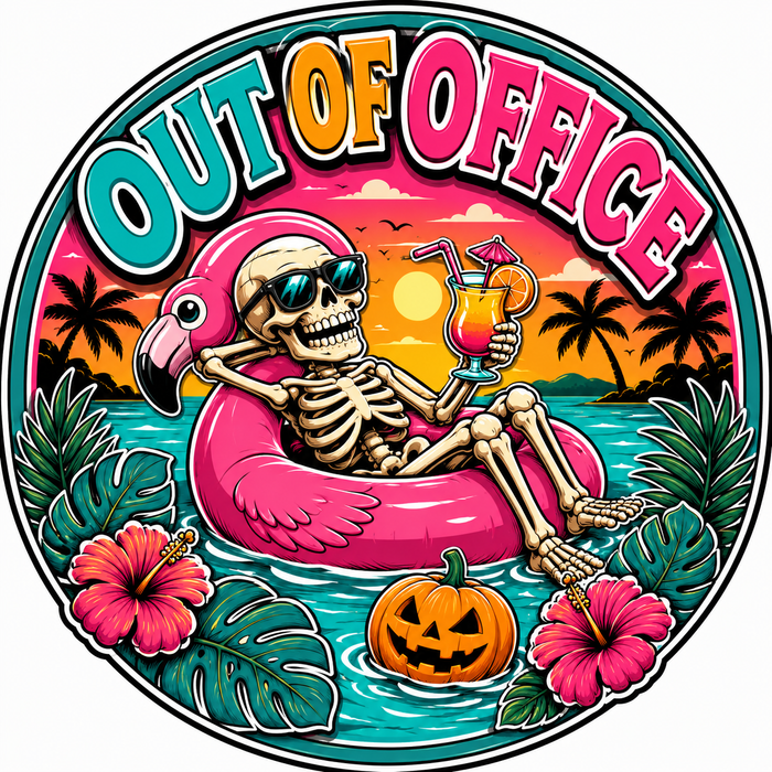 Out of Office Skeleton Round, SCW-W-0013, 10in Sign For Wreath, Wood Wreath Sign